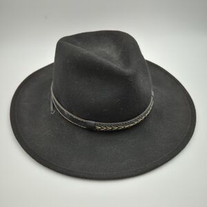 Rodeo King Black Felt Size Large Wool Hat Made in USA Cowboy Leather Belt Strap